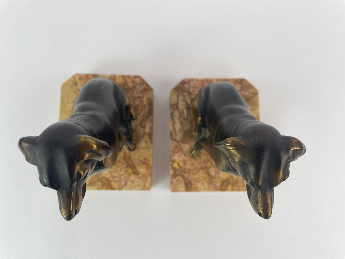 Pair of Art Deco Dog Bookends in Spelter and Marble by Jamar, France, 1930s