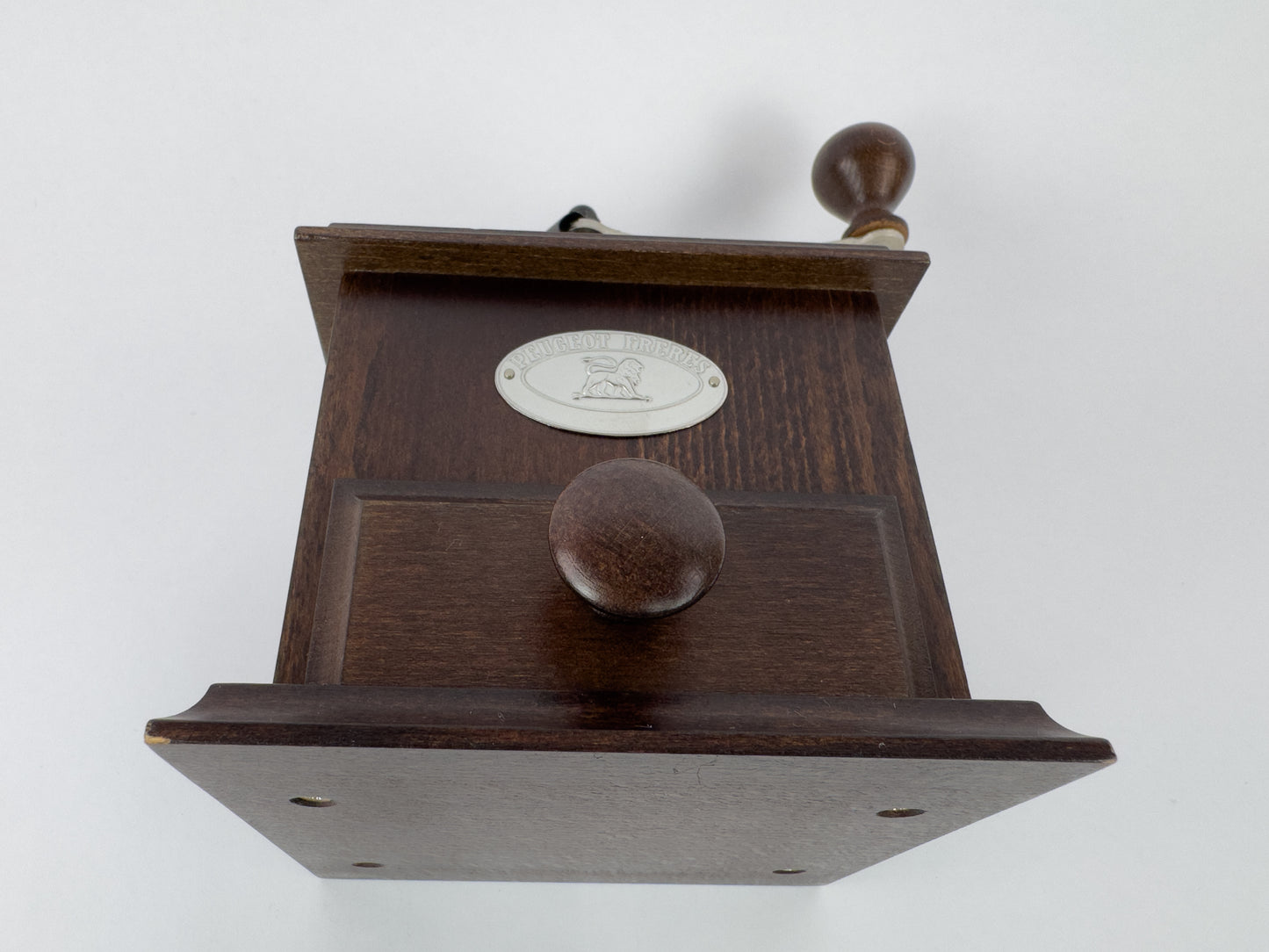 Vintage Peugeot Frères Manual Coffee Grinder with Wooden Body, c. 1950s-1960s