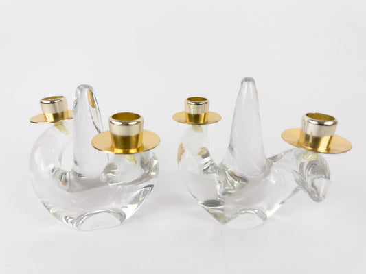 Pair of Mid-Century Schneider Crystal & Brass Candlestick Holders, France