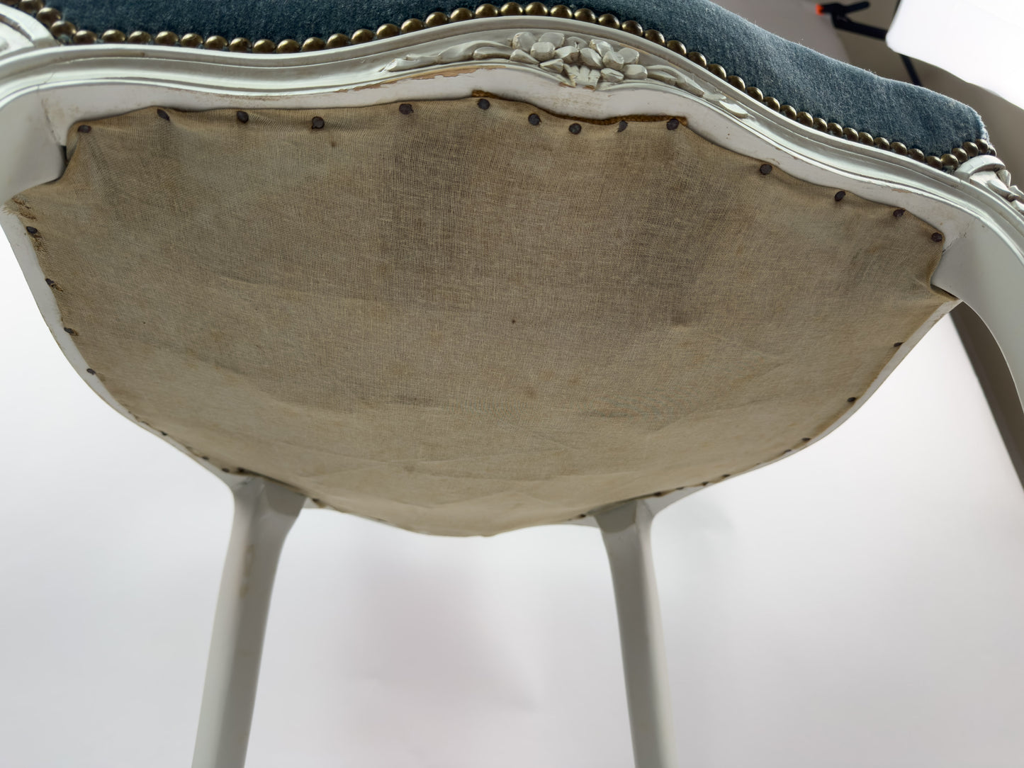 Vintage Louis XV Style Painted Wood Chair with Blue Velvet Upholstery