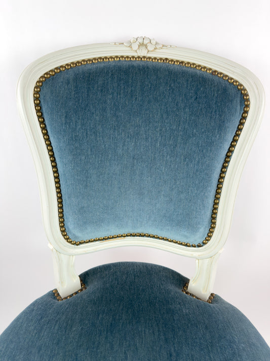 Vintage Louis XV Style Painted Wood Chair with Blue Velvet Upholstery