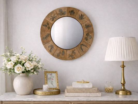 Roger Capron Style French Ceramic Tile Mirror, Terracotta Botanical Design, 1970s