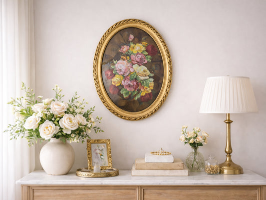 Camille Fauré Limoges French Enamel Plaque, Oval Bouquet of Roses, Mid-20th Century