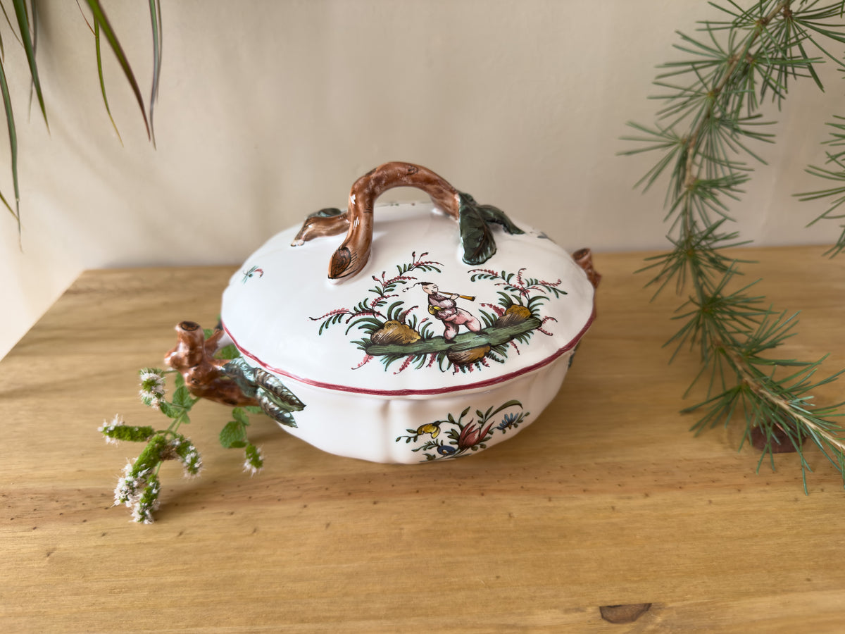 Vintage French Lallier Moustiers Faience Lidded Bowl with Branch Handles