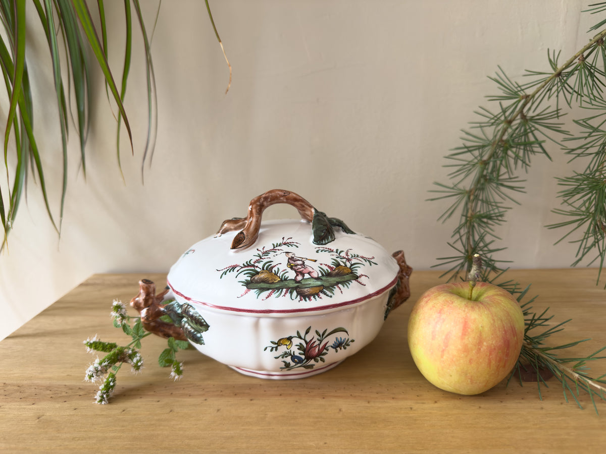 Vintage French Lallier Moustiers Faience Lidded Bowl with Branch Handles