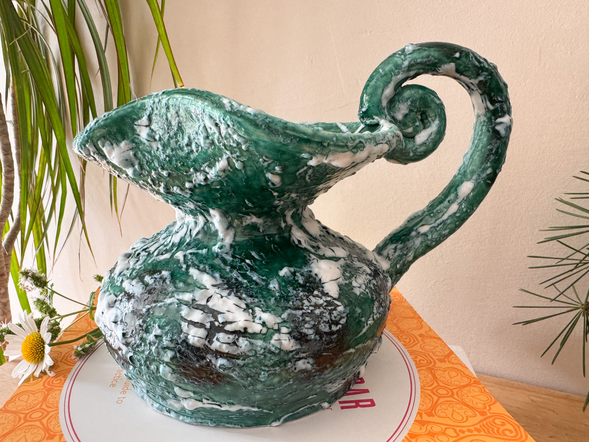Vintage Sculptural Green Lava-Glaze Ceramic Ewer with Scroll Handle
