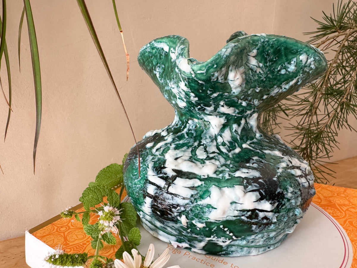 Vintage Sculptural Green Lava-Glaze Ceramic Ewer with Scroll Handle
