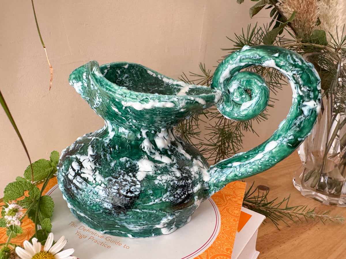 Vintage Sculptural Green Lava-Glaze Ceramic Ewer with Scroll Handle