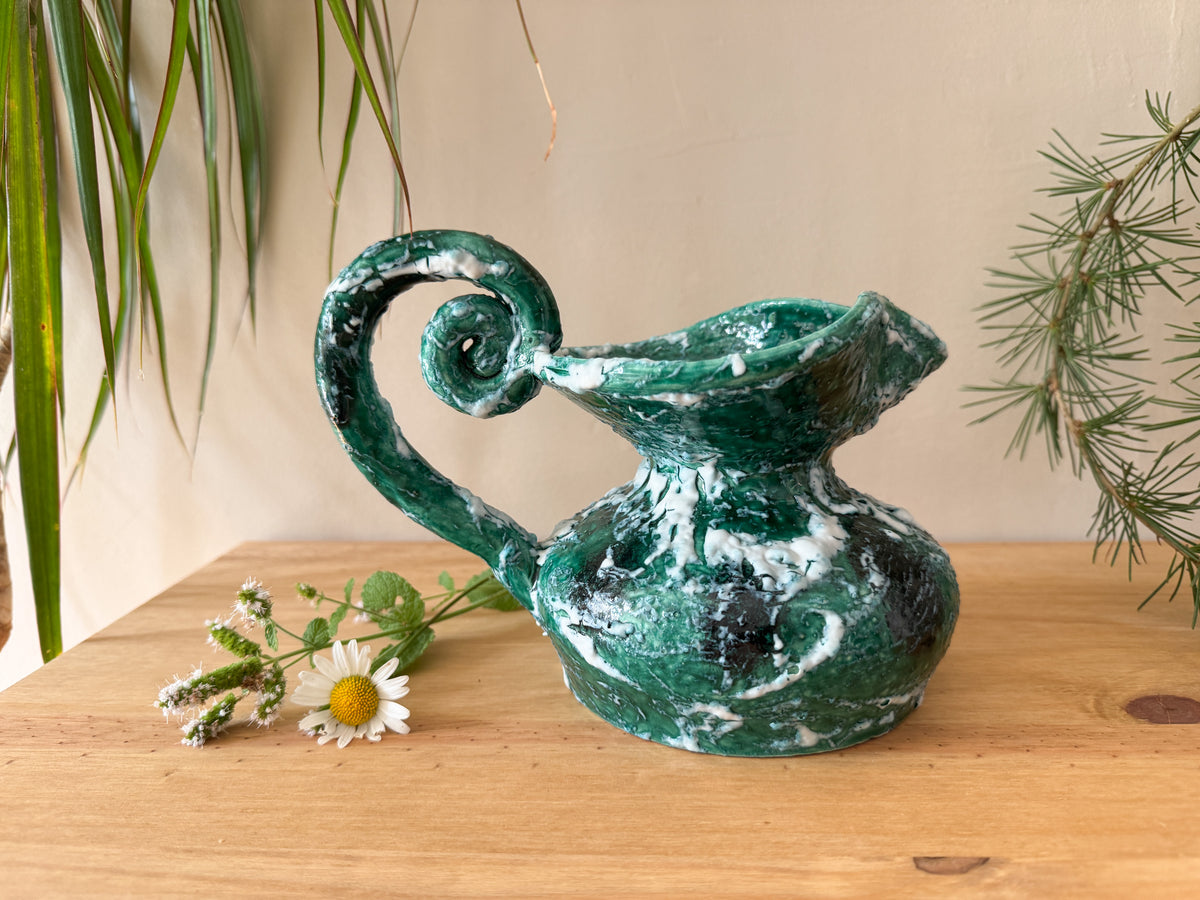 Vintage Sculptural Green Lava-Glaze Ceramic Ewer with Scroll Handle