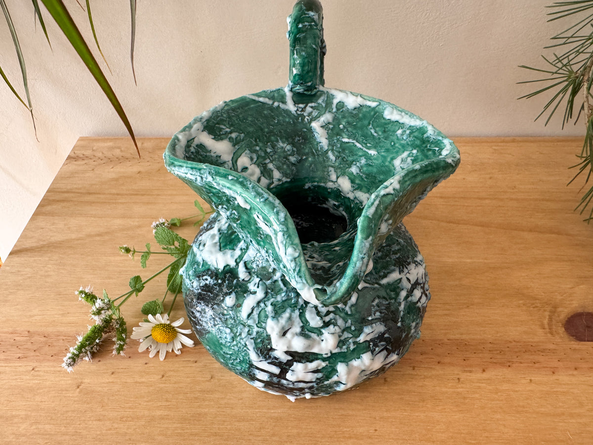 Vintage Sculptural Green Lava-Glaze Ceramic Ewer with Scroll Handle