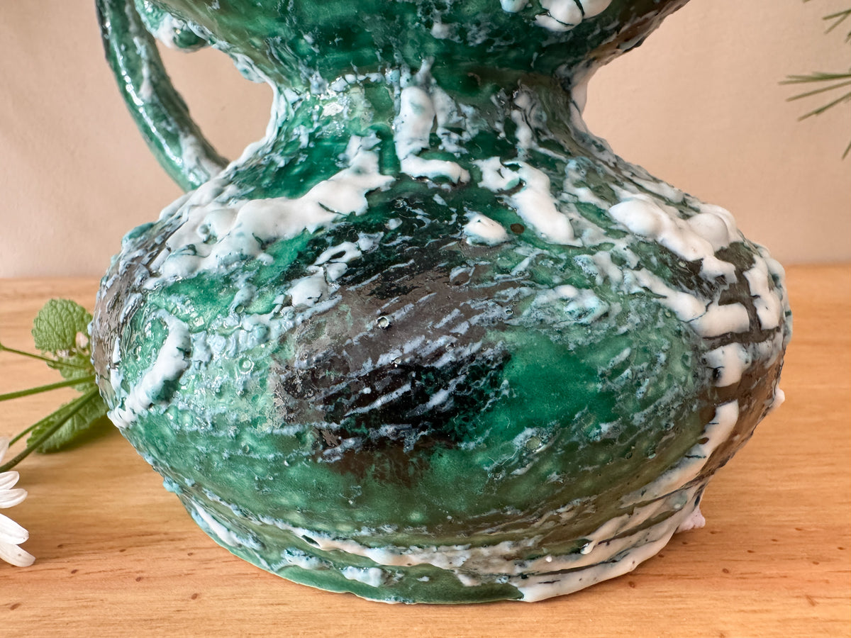 Vintage Sculptural Green Lava-Glaze Ceramic Ewer with Scroll Handle