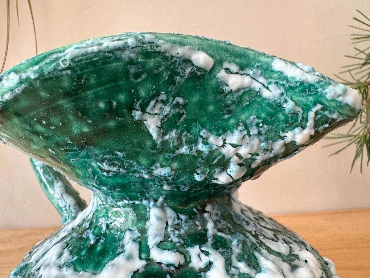 Vintage Sculptural Green Lava-Glaze Ceramic Ewer with Scroll Handle