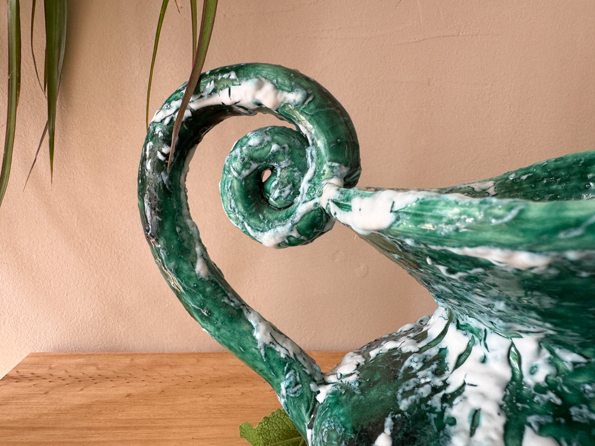 Vintage Sculptural Green Lava-Glaze Ceramic Ewer with Scroll Handle