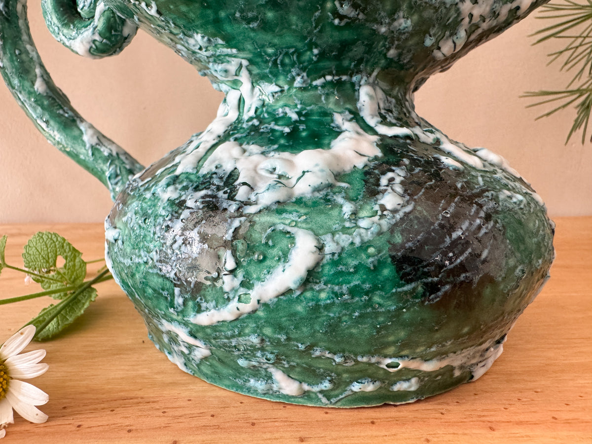 Vintage Sculptural Green Lava-Glaze Ceramic Ewer with Scroll Handle