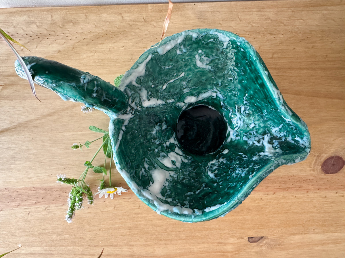 Vintage Sculptural Green Lava-Glaze Ceramic Ewer with Scroll Handle