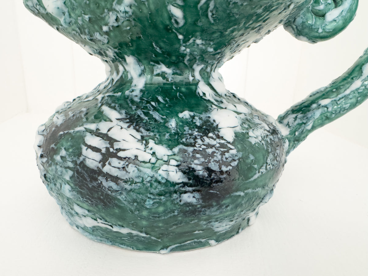 Vintage Sculptural Green Lava-Glaze Ceramic Ewer with Scroll Handle