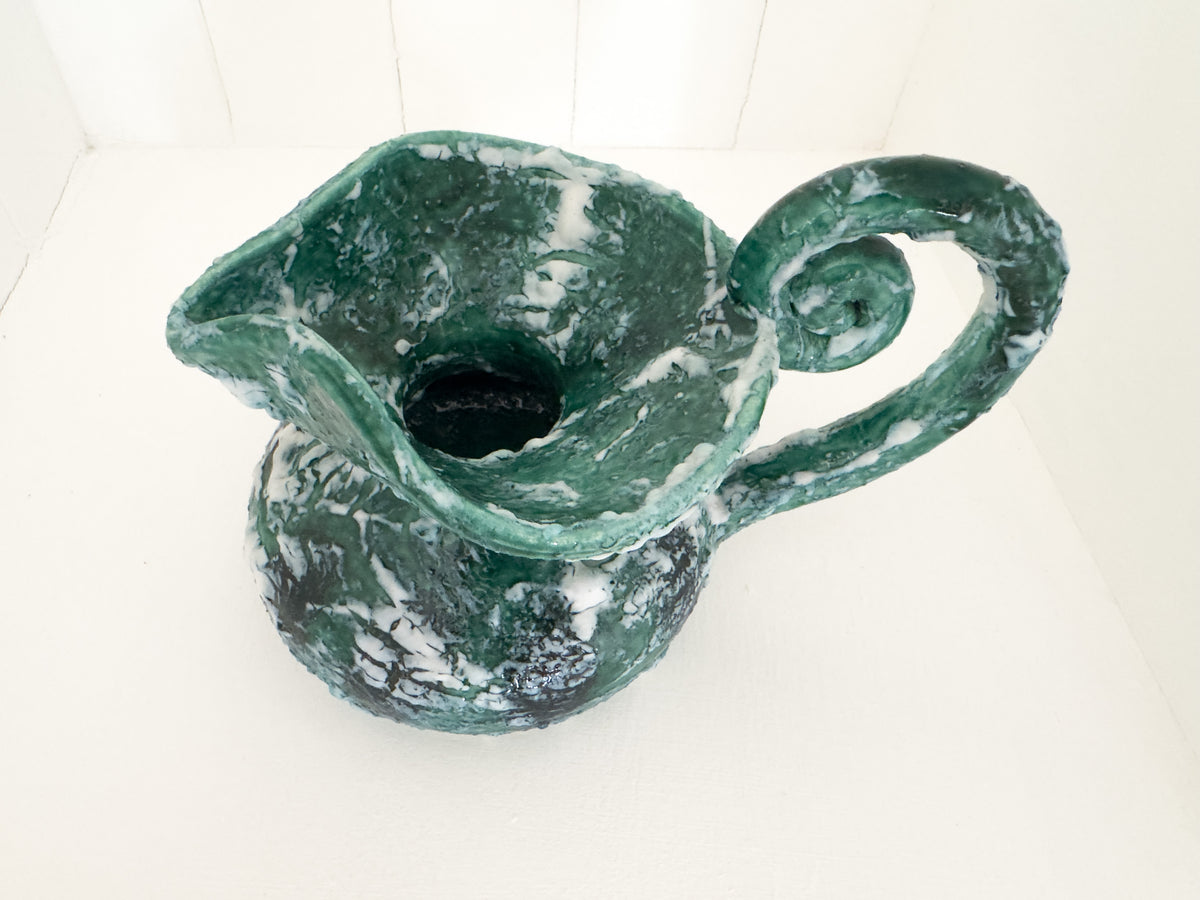 Vintage Sculptural Green Lava-Glaze Ceramic Ewer with Scroll Handle