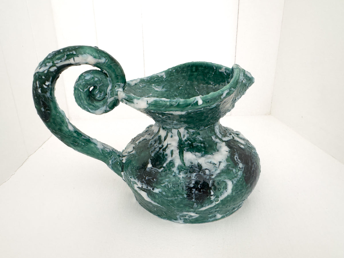 Vintage Sculptural Green Lava-Glaze Ceramic Ewer with Scroll Handle