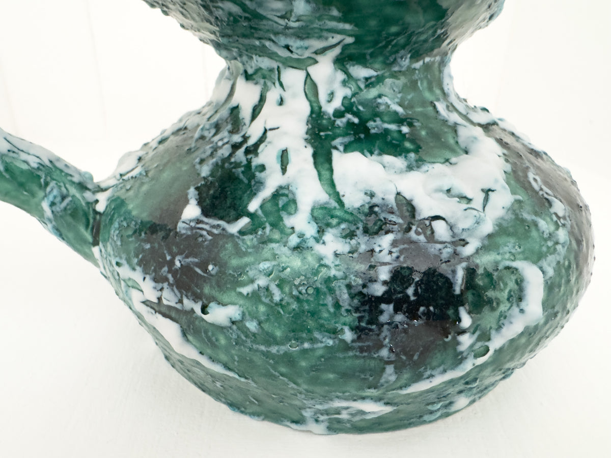 Vintage Sculptural Green Lava-Glaze Ceramic Ewer with Scroll Handle