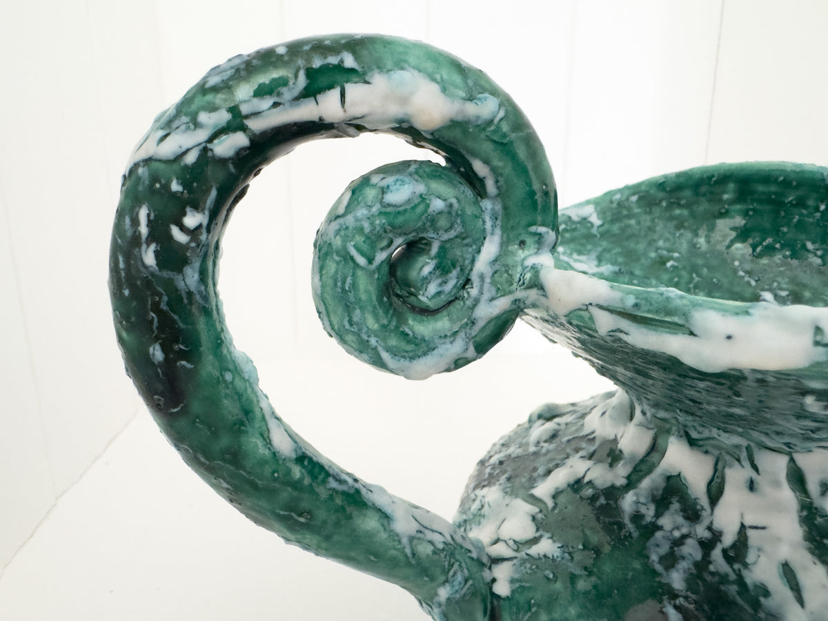 Vintage Sculptural Green Lava-Glaze Ceramic Ewer with Scroll Handle