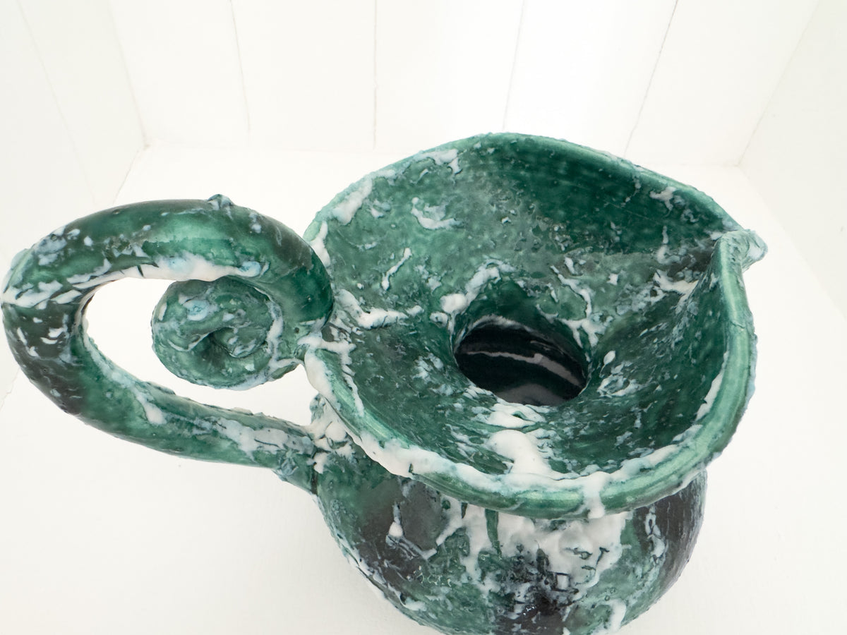 Vintage Sculptural Green Lava-Glaze Ceramic Ewer with Scroll Handle