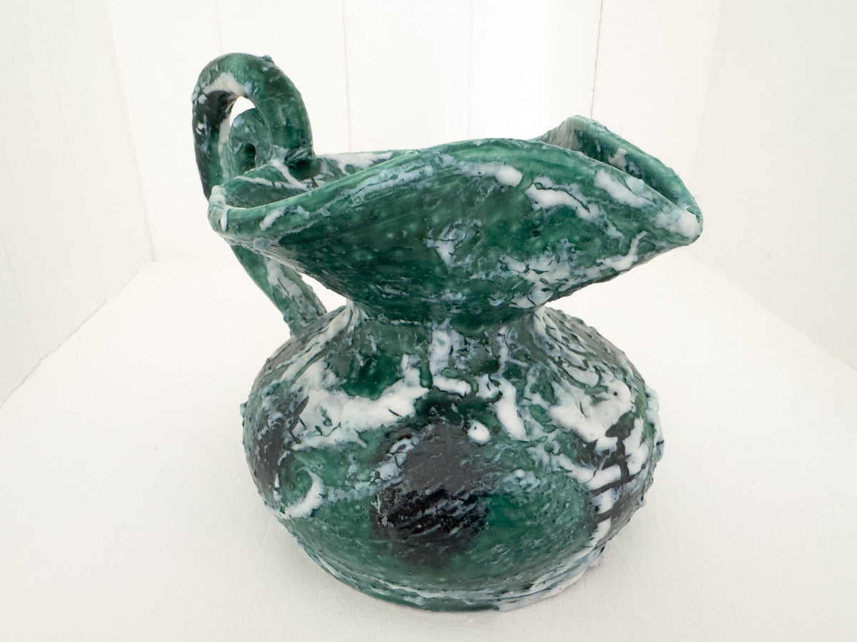 Vintage Sculptural Green Lava-Glaze Ceramic Ewer with Scroll Handle