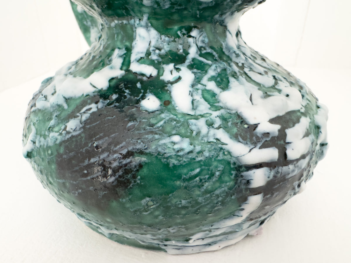 Vintage Sculptural Green Lava-Glaze Ceramic Ewer with Scroll Handle
