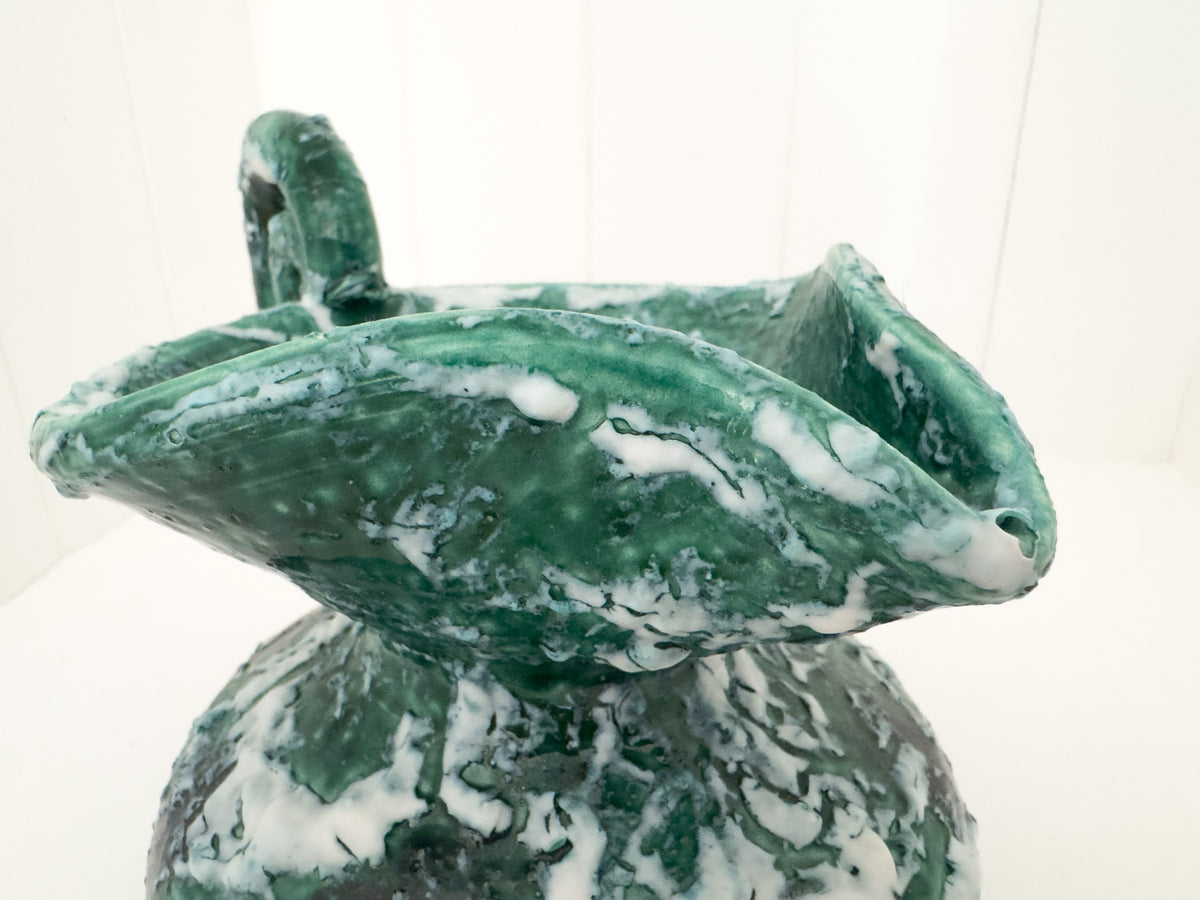 Vintage Sculptural Green Lava-Glaze Ceramic Ewer with Scroll Handle
