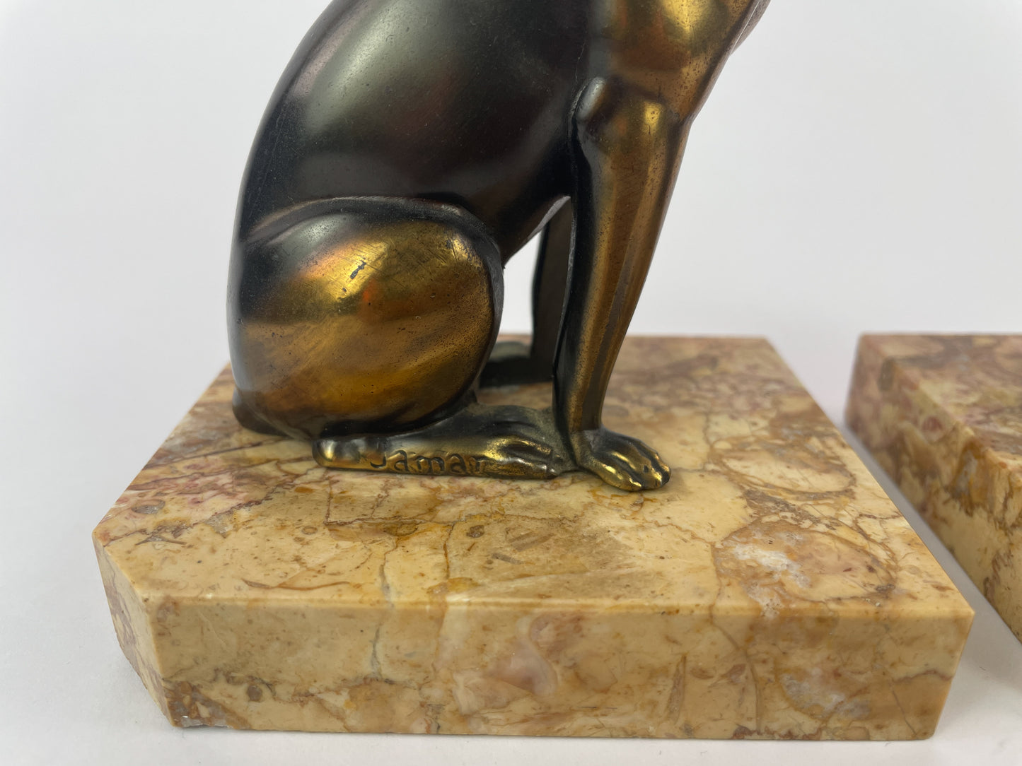 Pair of Art Deco Dog Bookends in Spelter and Marble by Jamar, France, 1930s