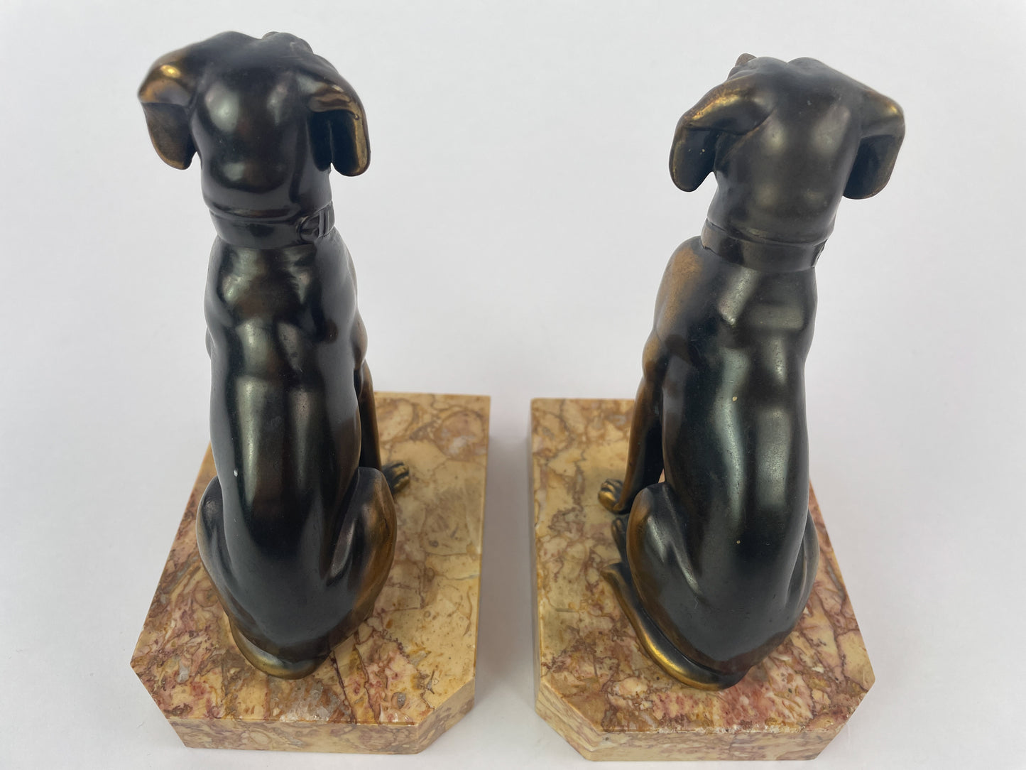 Pair of Art Deco Dog Bookends in Spelter and Marble by Jamar, France, 1930s