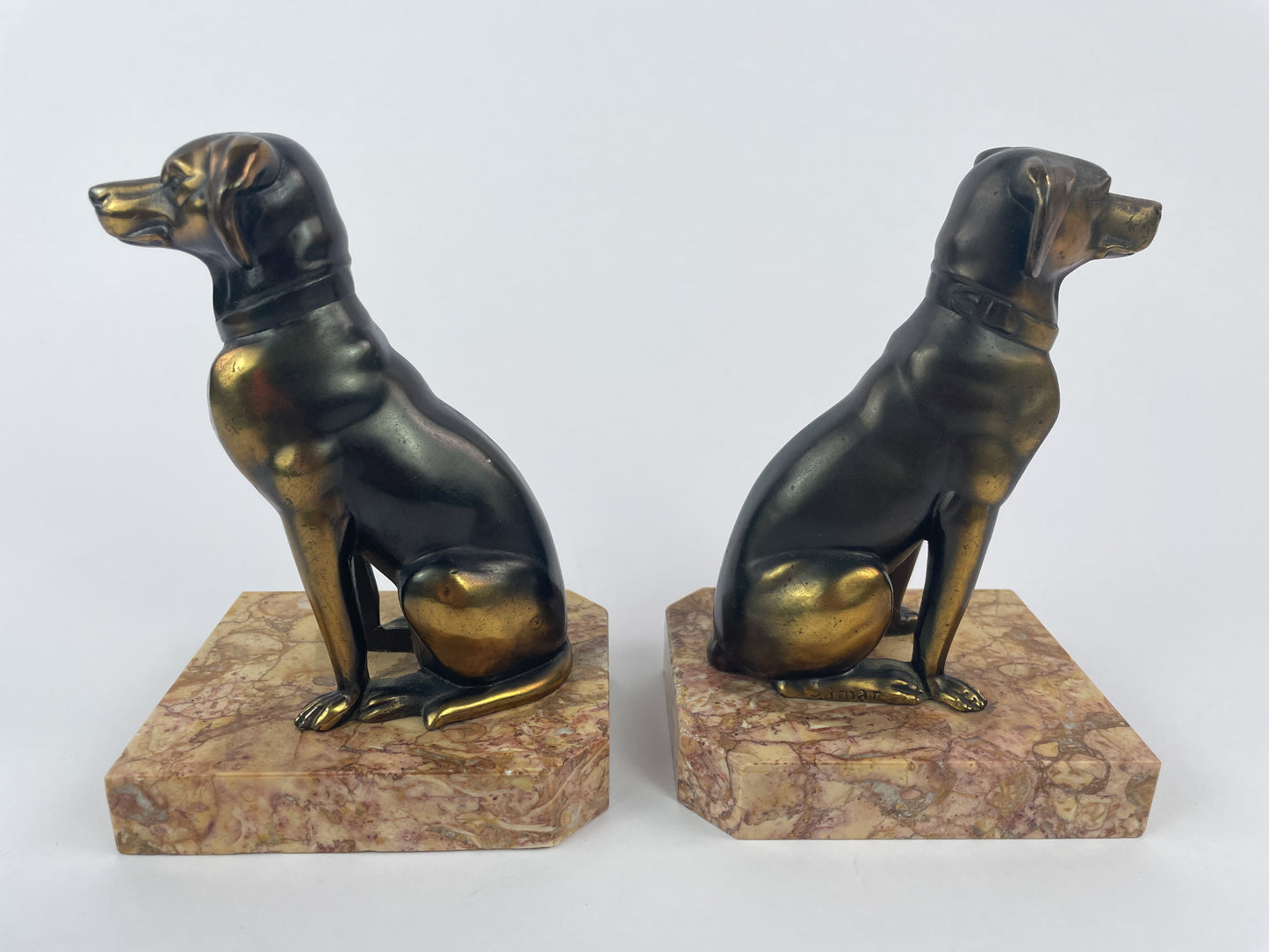 Pair of Art Deco Dog Bookends in Spelter and Marble by Jamar, France, 1930s