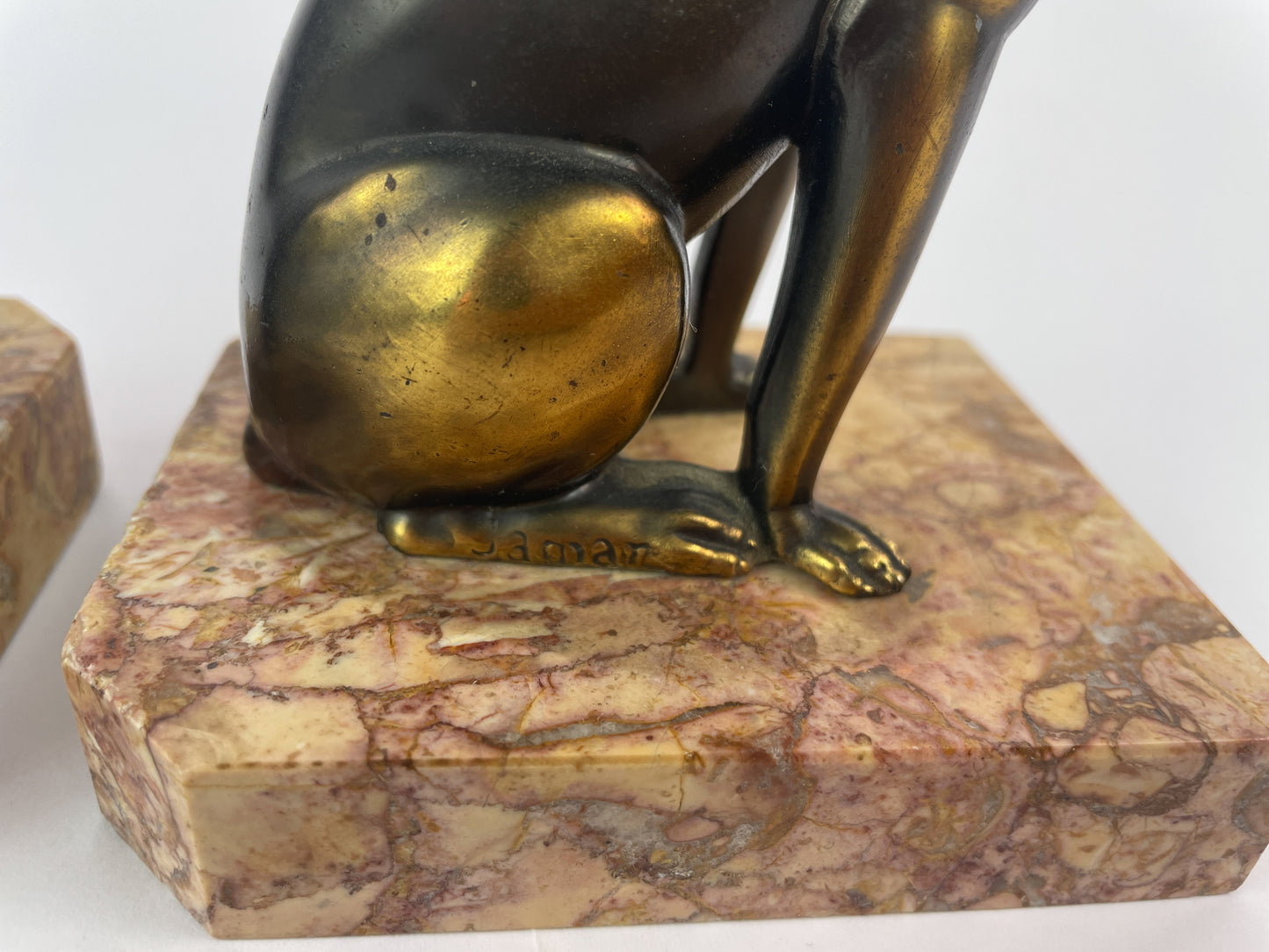 Pair of Art Deco Dog Bookends in Spelter and Marble by Jamar, France, 1930s