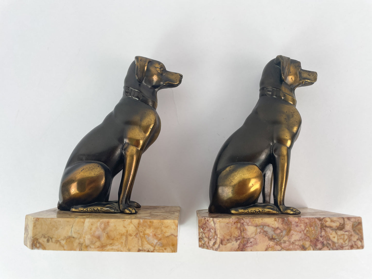 Pair of Art Deco Dog Bookends in Spelter and Marble by Jamar, France, 1930s
