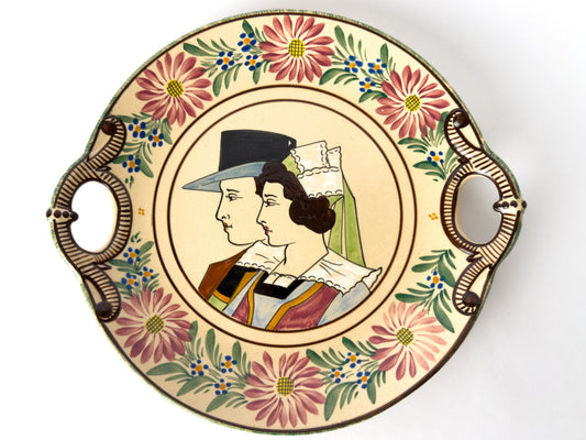 HB Quimper Hand-Painted Breton Platter with Double Handles, France, c. 1930s
