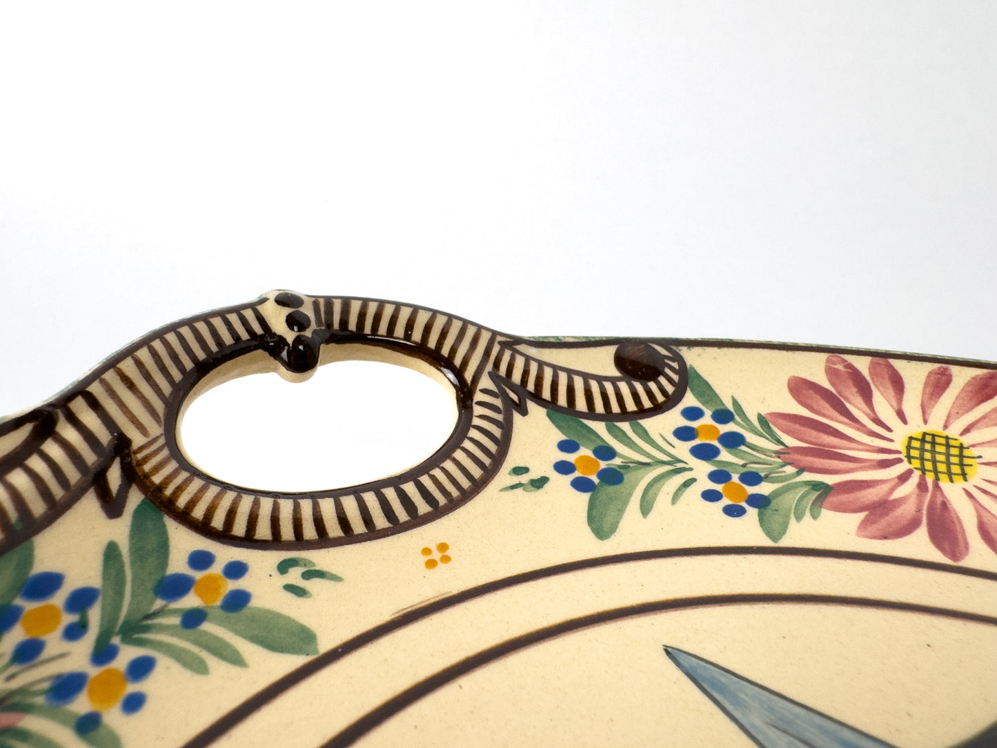 HB Quimper Hand-Painted Breton Platter with Double Handles, France, c. 1930s