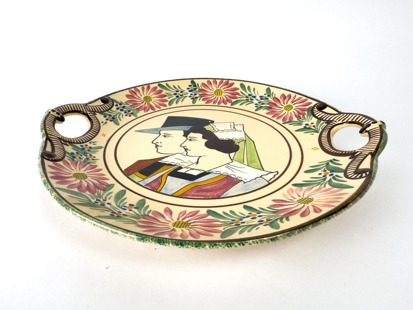 HB Quimper Hand-Painted Breton Platter with Double Handles, France, c. 1930s