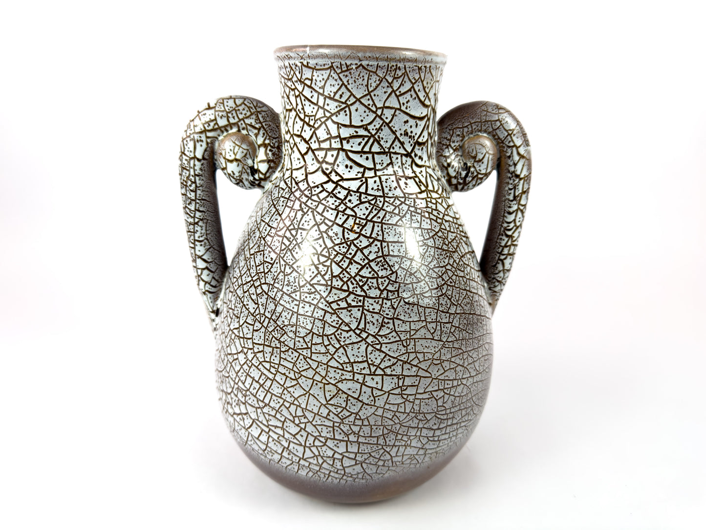 Mid-Century Accolay Crackle-Glaze Vase with Sculptural Handles, France 1950s