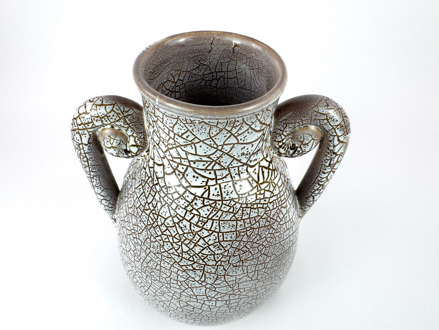 Mid-Century Accolay Crackle-Glaze Vase with Sculptural Handles, France 1950s
