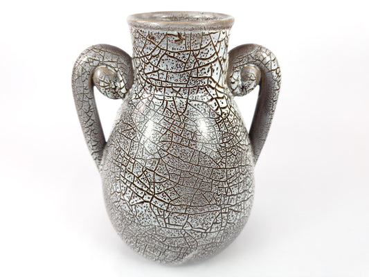 Mid-Century Accolay Crackle-Glaze Vase with Sculptural Handles, France 1950s
