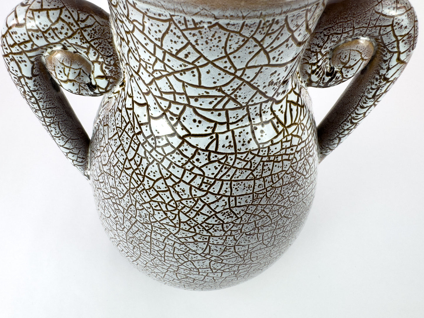 Mid-Century Accolay Crackle-Glaze Vase with Sculptural Handles, France 1950s