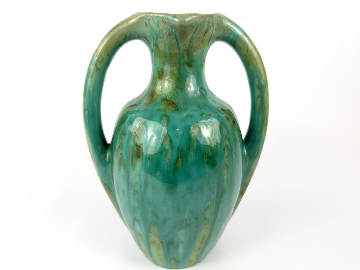 French Art Deco Pierrefonds Double-Handled Drip-Glaze Vase, 1930s