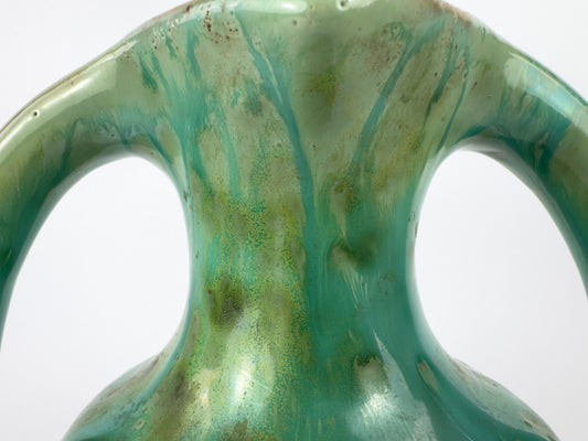 French Art Deco Pierrefonds Double-Handled Drip-Glaze Vase, 1930s