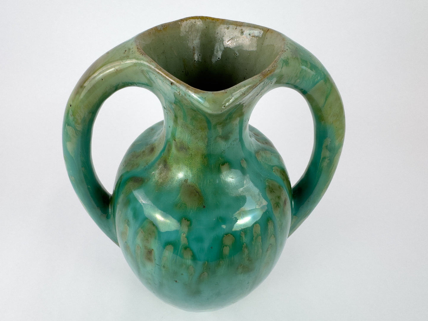 French Art Deco Pierrefonds Double-Handled Drip-Glaze Vase, 1930s
