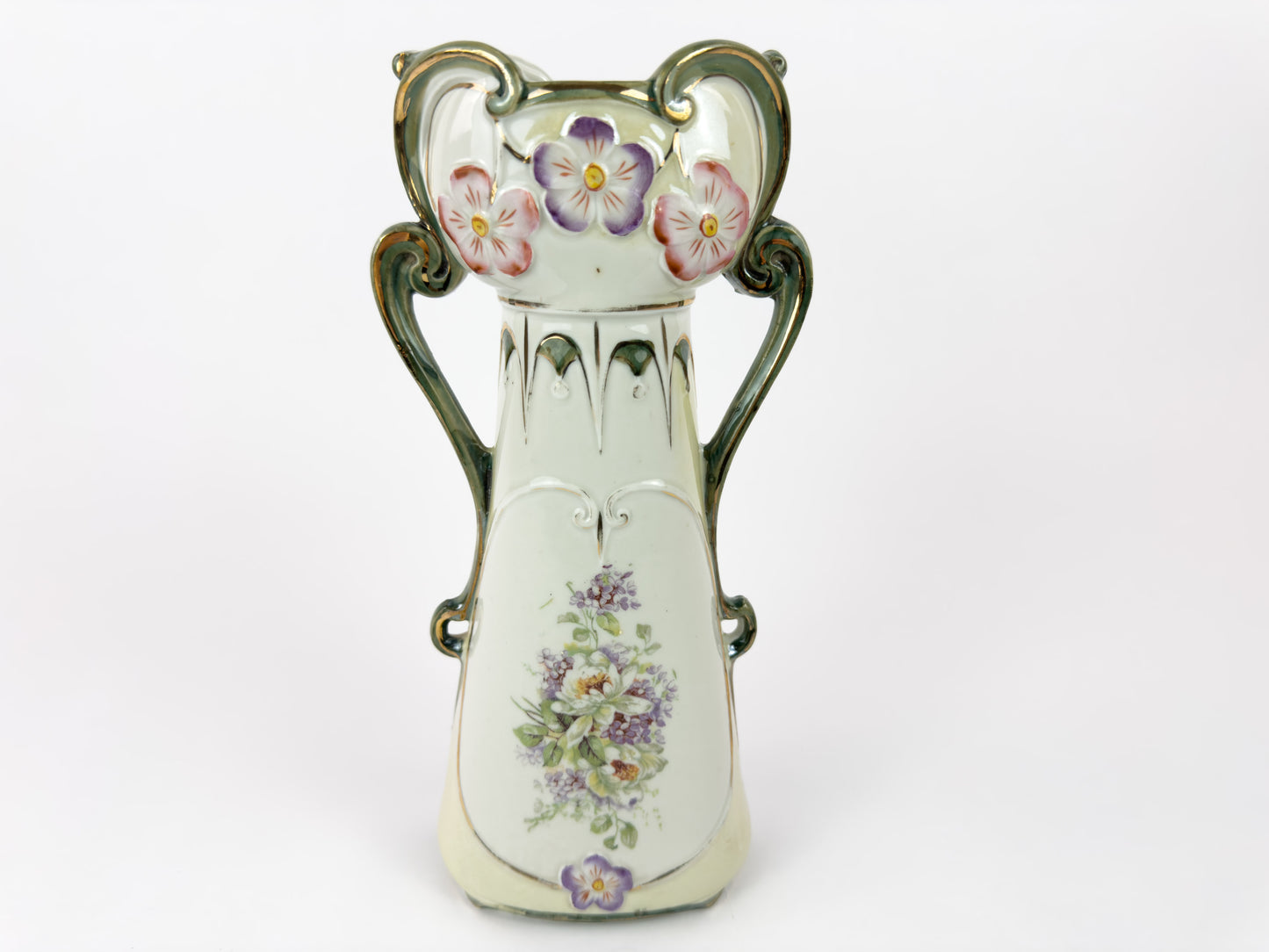 Art Nouveau Porcelain Vase with Floral Décor and Gilded Handles, c. 1900