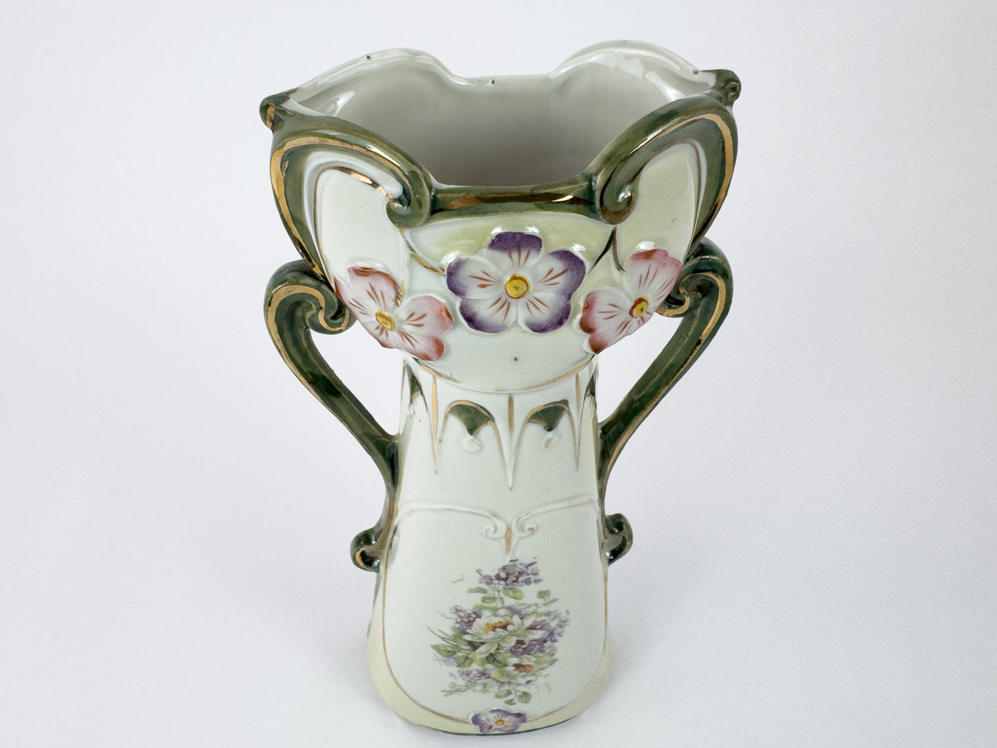 Art Nouveau Porcelain Vase with Floral Décor and Gilded Handles, c. 1900