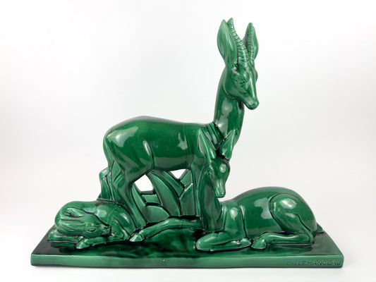 Monumental French Art Deco Ceramic Sculpture ‘Stag, Doe & Fawn’ by Charles Lemanceau, Circa 1930s