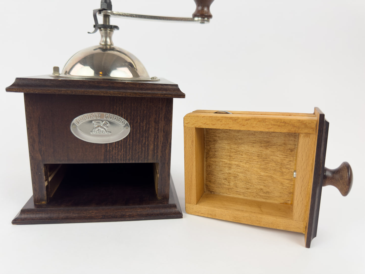 Vintage Peugeot Frères Manual Coffee Grinder with Wooden Body, c. 1950s-1960s