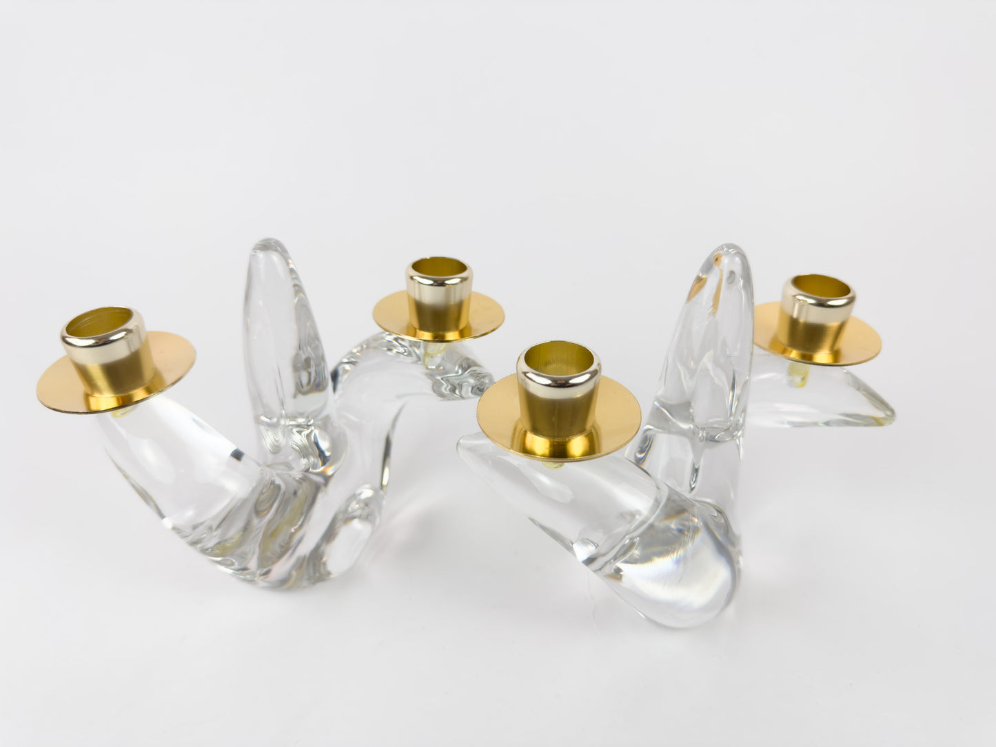 Pair of Mid-Century Schneider Crystal & Brass Candlestick Holders, France