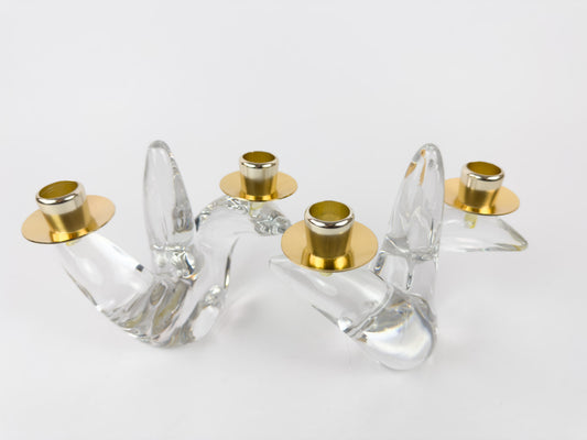 Pair of Mid-Century Schneider Crystal & Brass Candlestick Holders, France