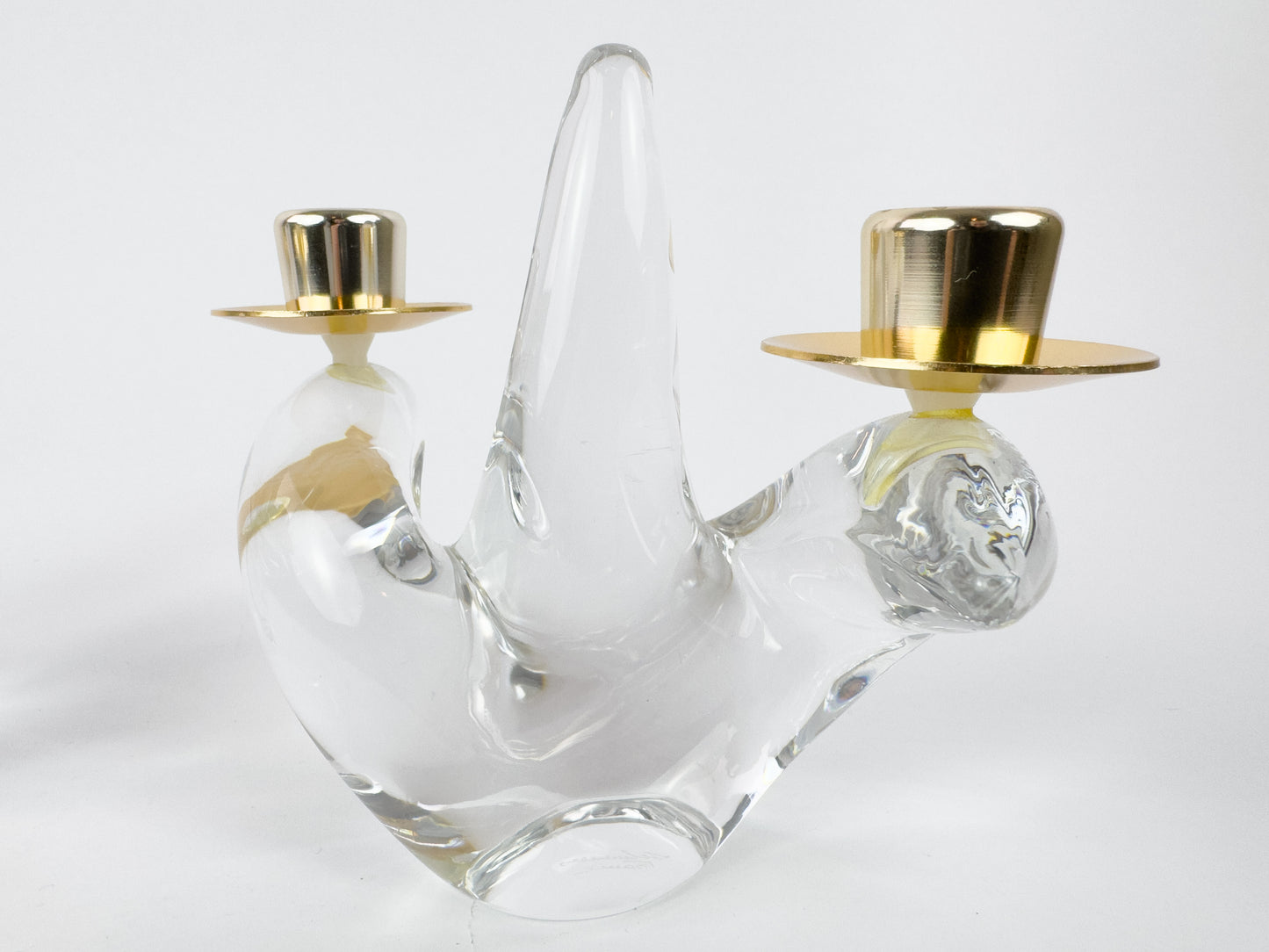 Pair of Mid-Century Schneider Crystal & Brass Candlestick Holders, France